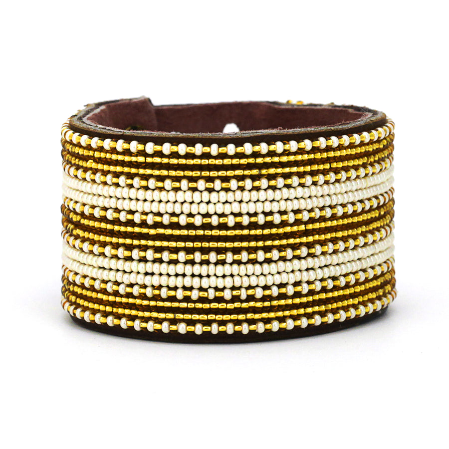 Stripes Gold and Pearl Beaded Leather Cuff