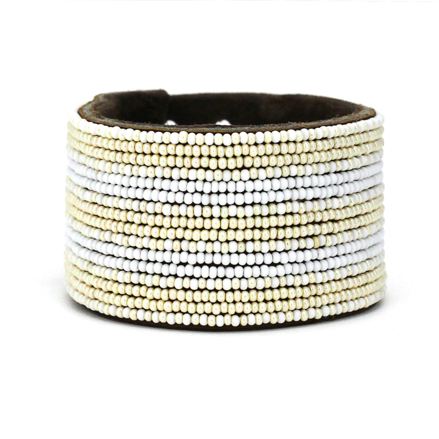 Stripes Pearl and White Beaded Leather Cuff