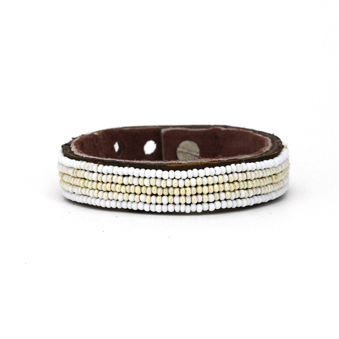 Stripes Pearl and White Beaded Leather Cuff