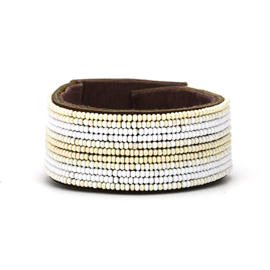 Stripes Pearl and White Beaded Leather Cuff