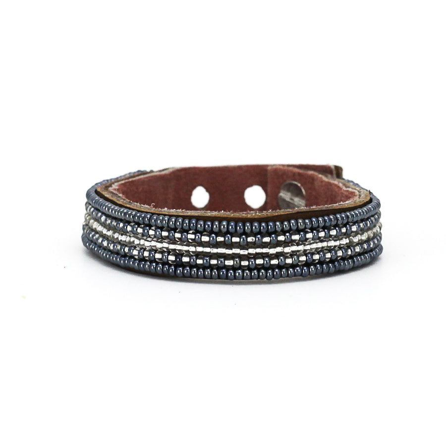 Stripes Silver and Slate Beaded Leather Cuff