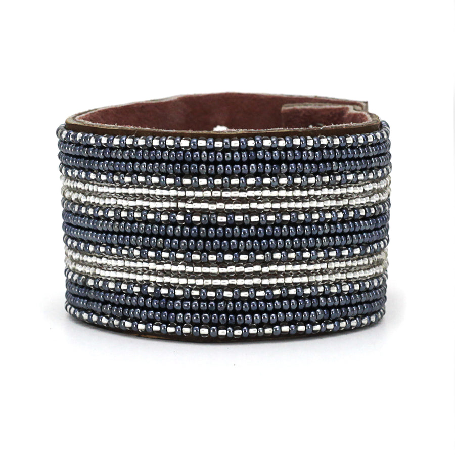 Stripes Silver and Slate Beaded Leather Cuff