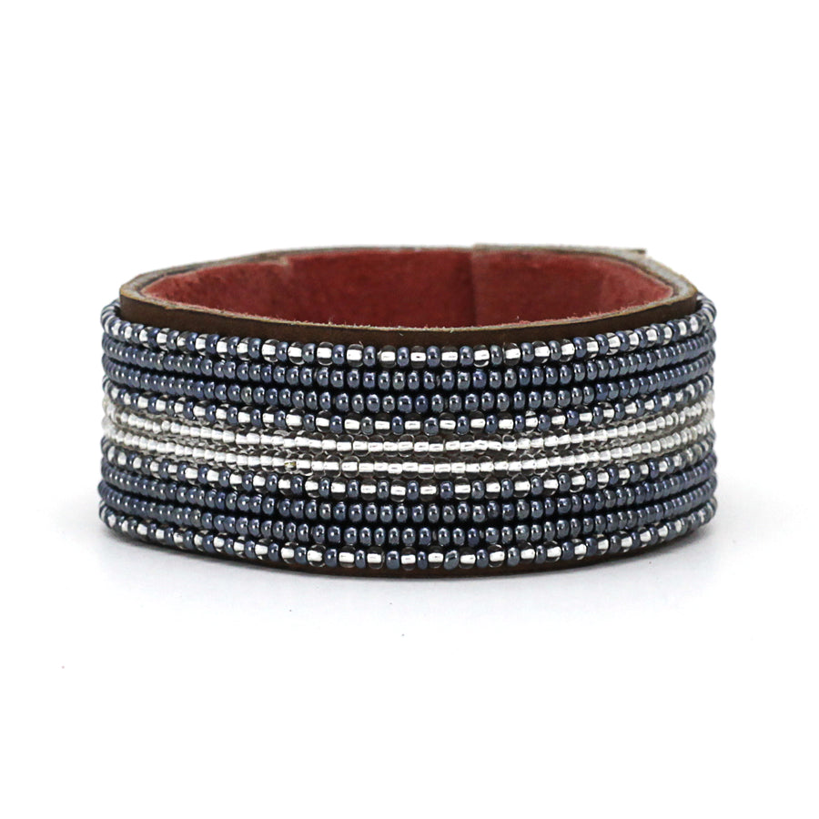 Stripes Silver and Slate Beaded Leather Cuff