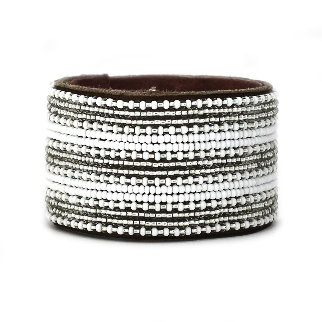 Stripes Silver and White Beaded Leather Cuff