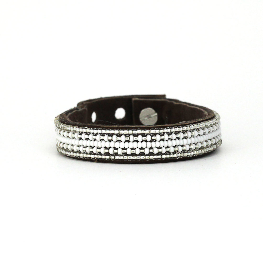 Stripes Silver and White Beaded Leather Cuff