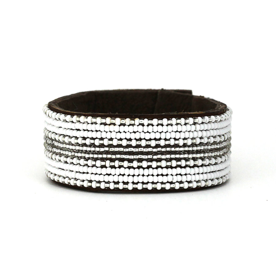Stripes Silver and White Beaded Leather Cuff