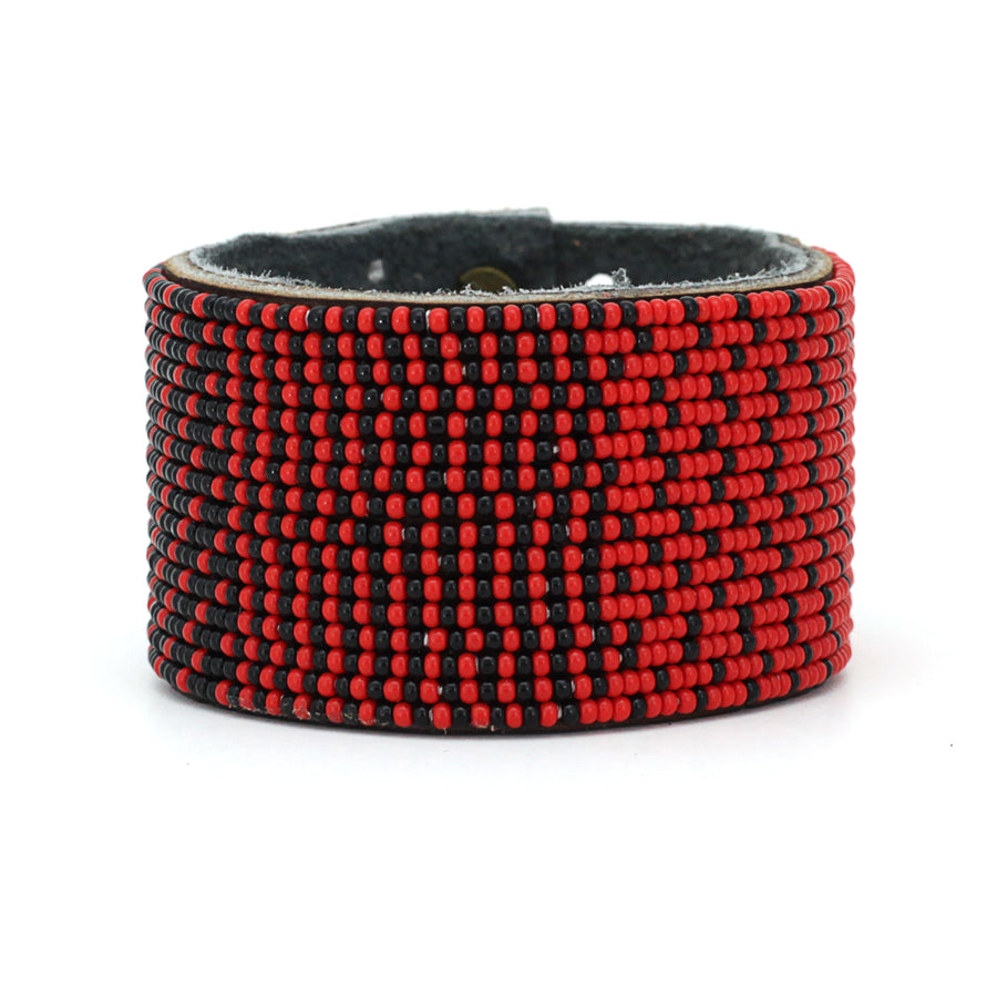 Ombre Red and Black Beaded Leather Cuff