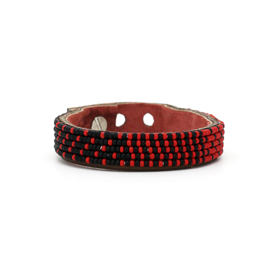 Ombre Red and Black Beaded Leather Cuff