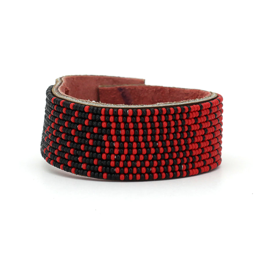 Ombre Red and Black Beaded Leather Cuff