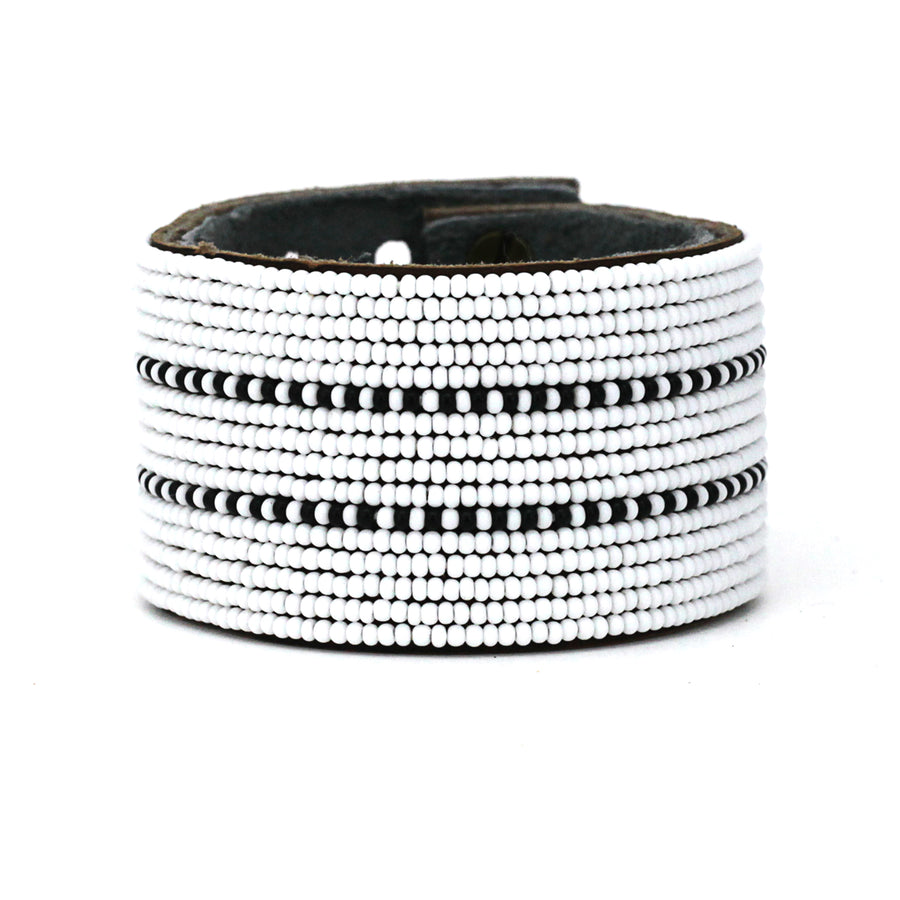 Dashes Black Beaded Leather Cuff