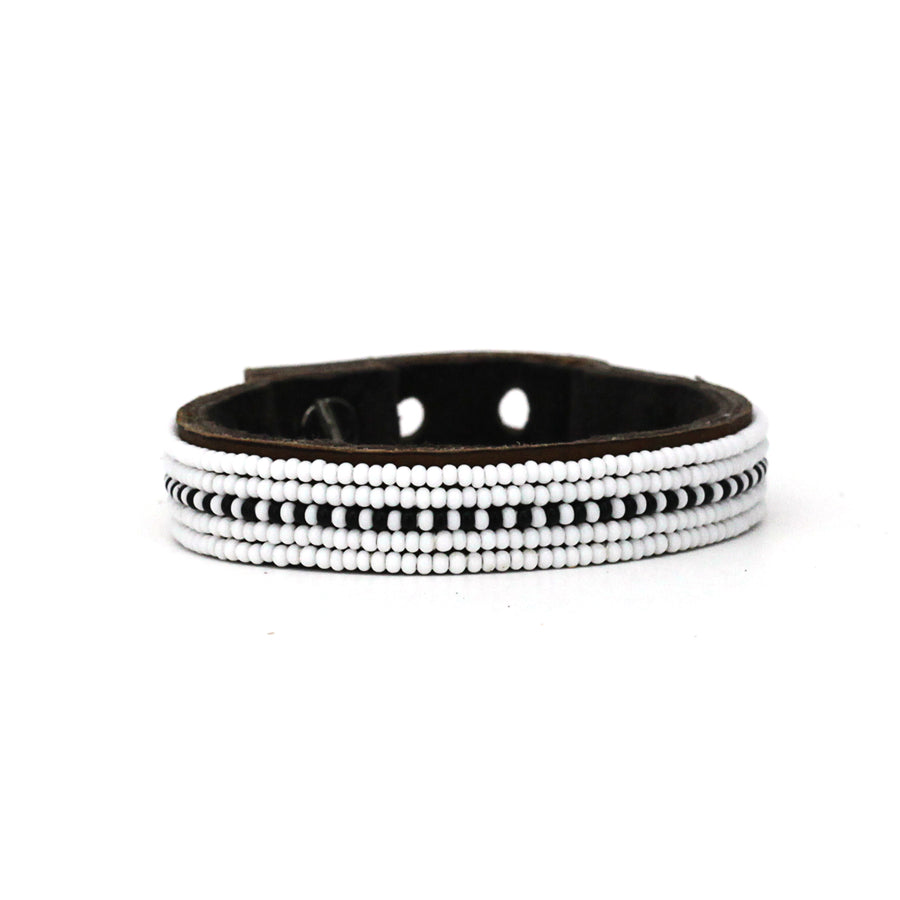 Dashes Black Beaded Leather Cuff
