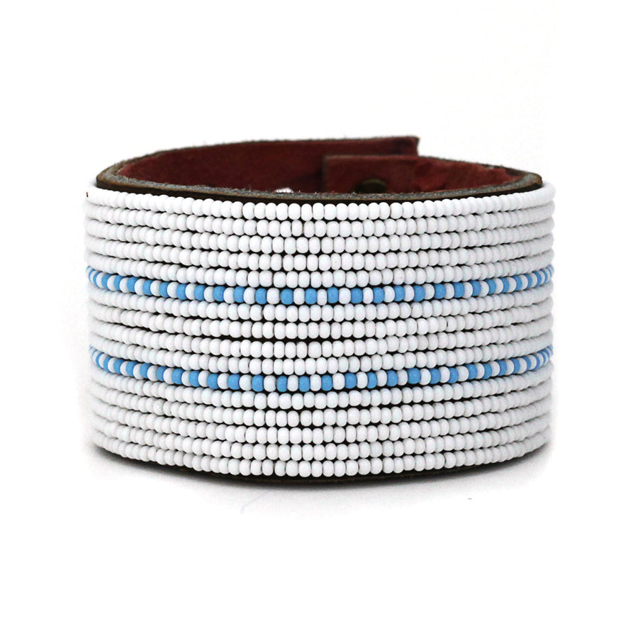 Dashes Light Blue Beaded Leather Cuff