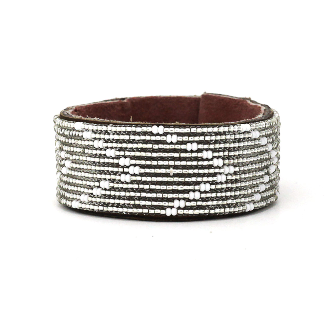 Chevron Silver Beaded Leather Cuff