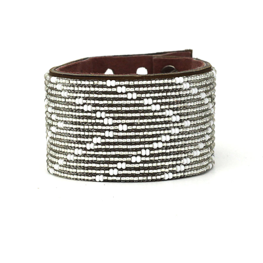 Chevron Silver Beaded Leather Cuff