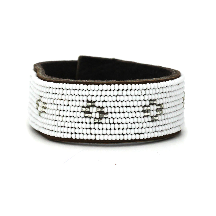 Diamond Silver Beaded Leather Cuff