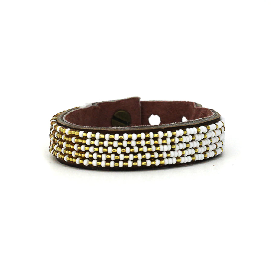 Ombre Gold and White Beaded Leather Cuff