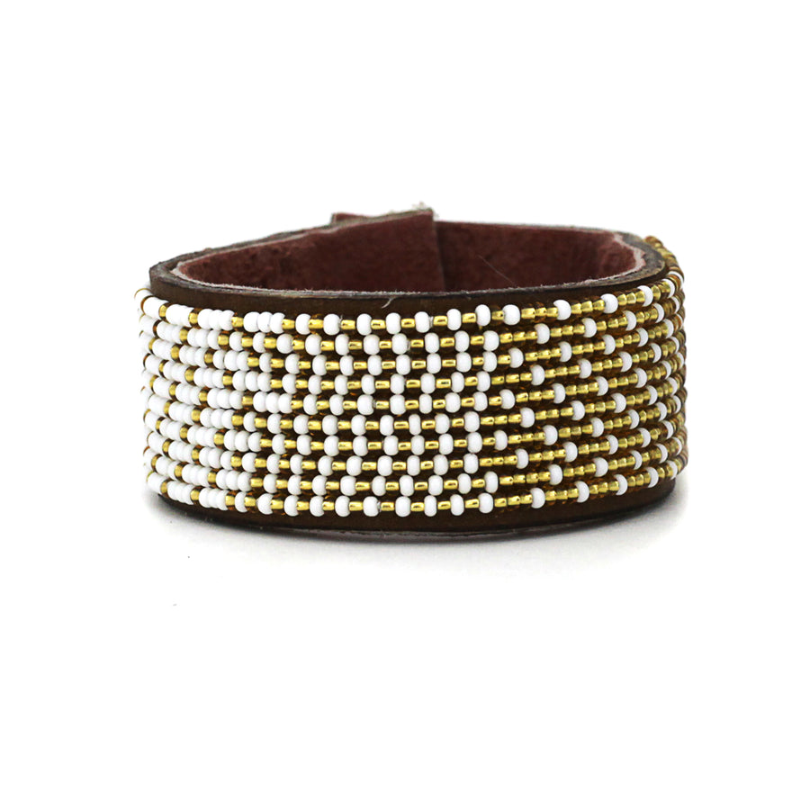 Ombre Gold and White Beaded Leather Cuff