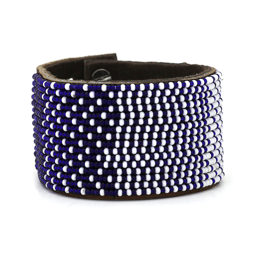 Ombre Dark Blue and White Beaded Leather Cuff