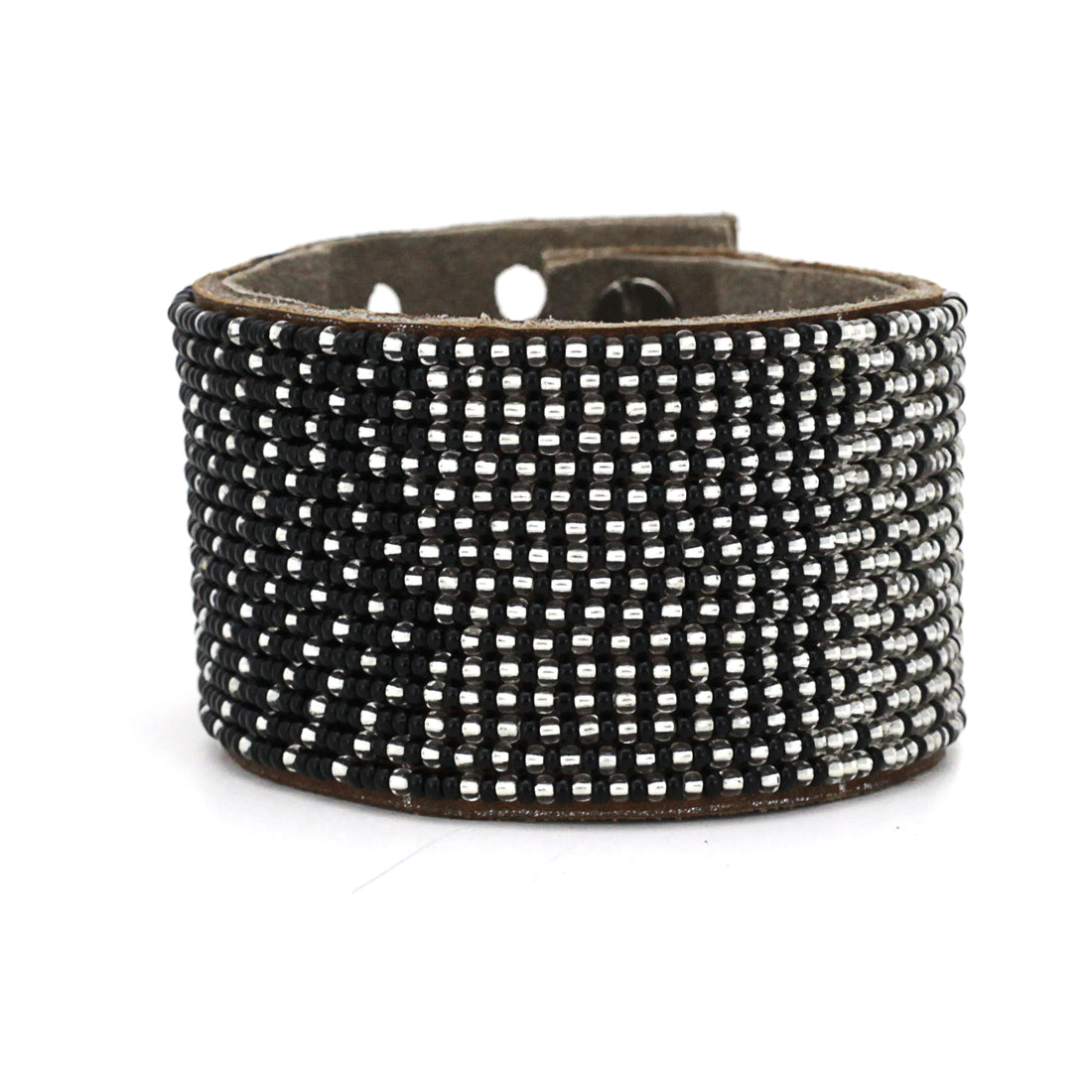 Ombre Silver and Black Beaded Leather Cuff