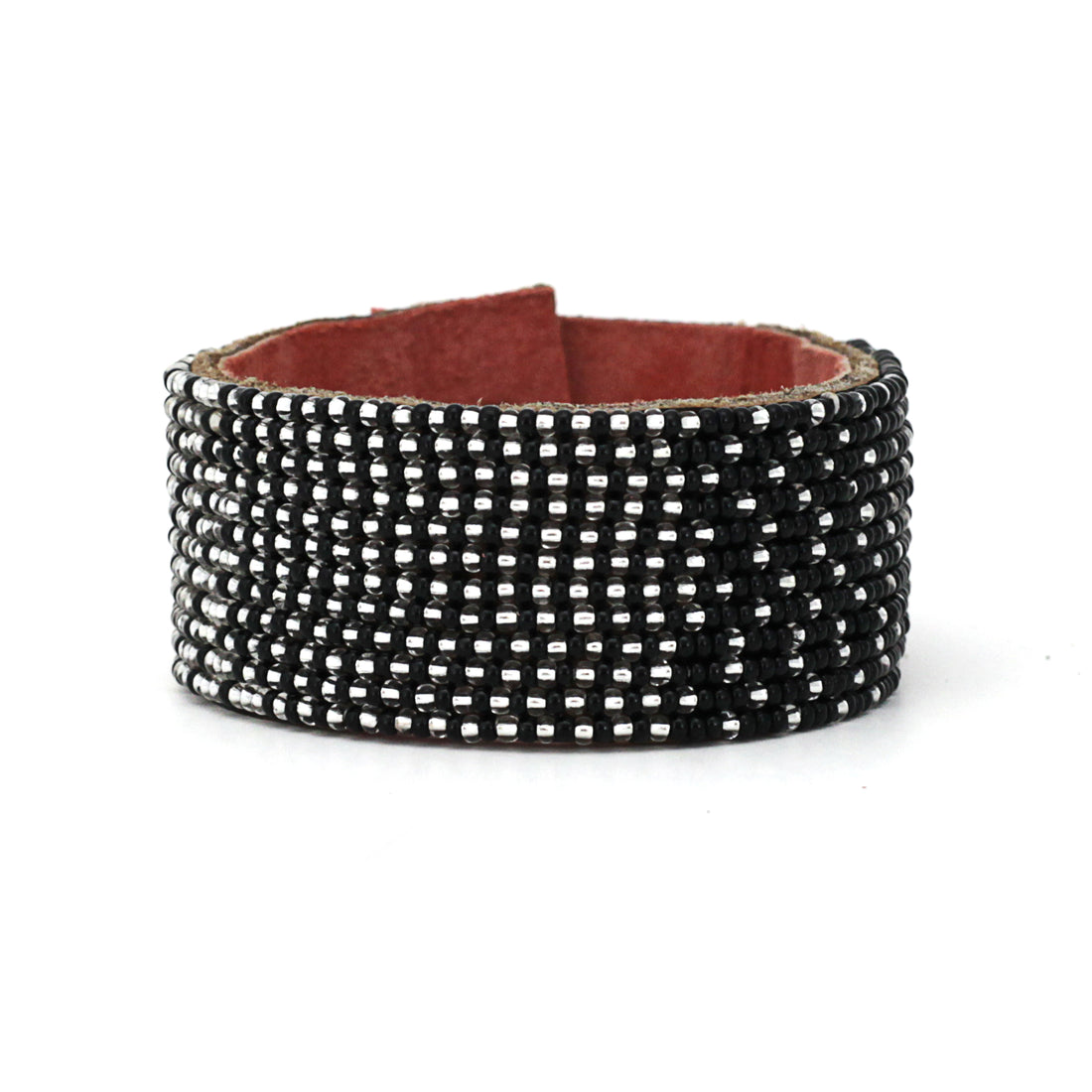 Ombre Silver and Black Beaded Leather Cuff
