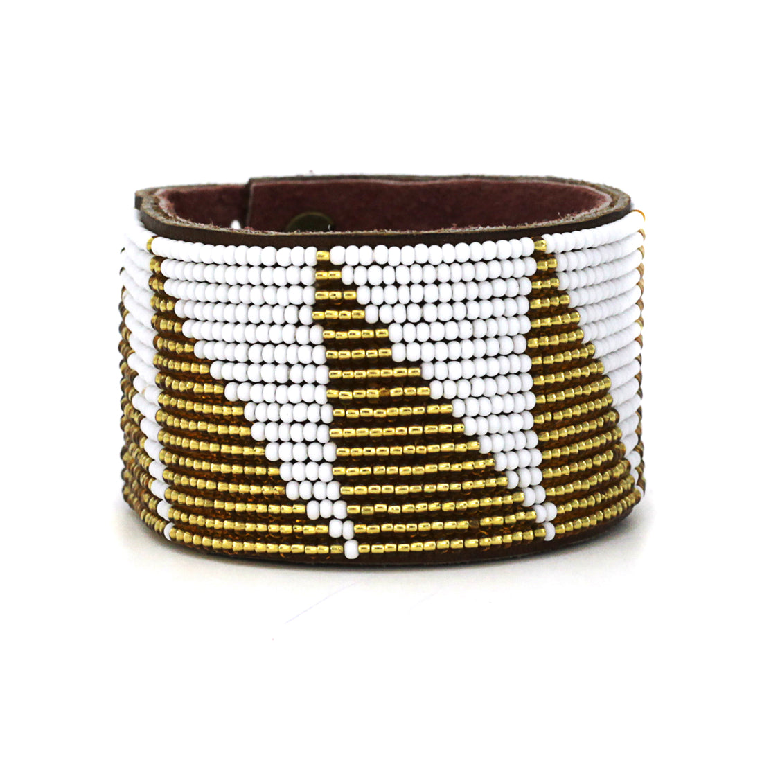 Tri Gold and White Beaded Leather Cuff