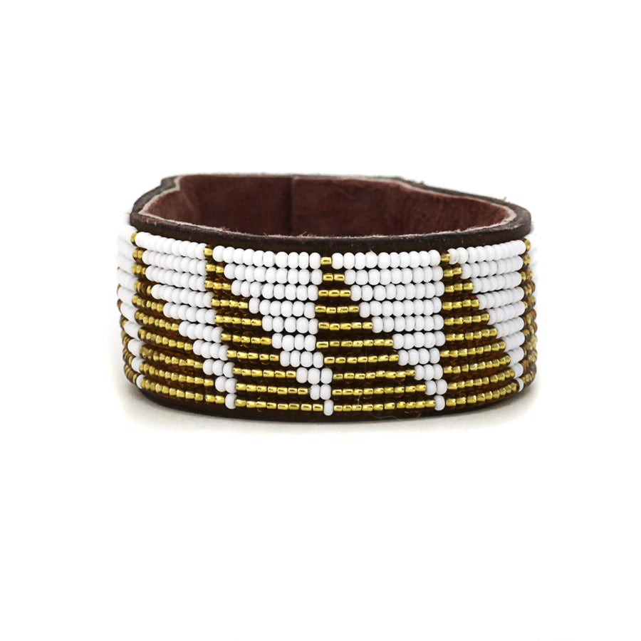 Tri Gold and White Beaded Leather Cuff