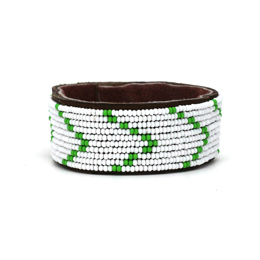 Chevron Green and White Beaded Leather Cuff