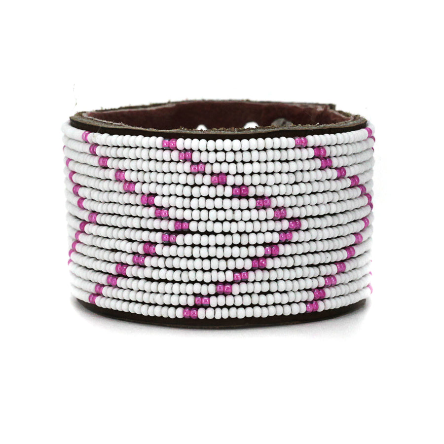 Chevron Pink and White Beaded Leather Cuff