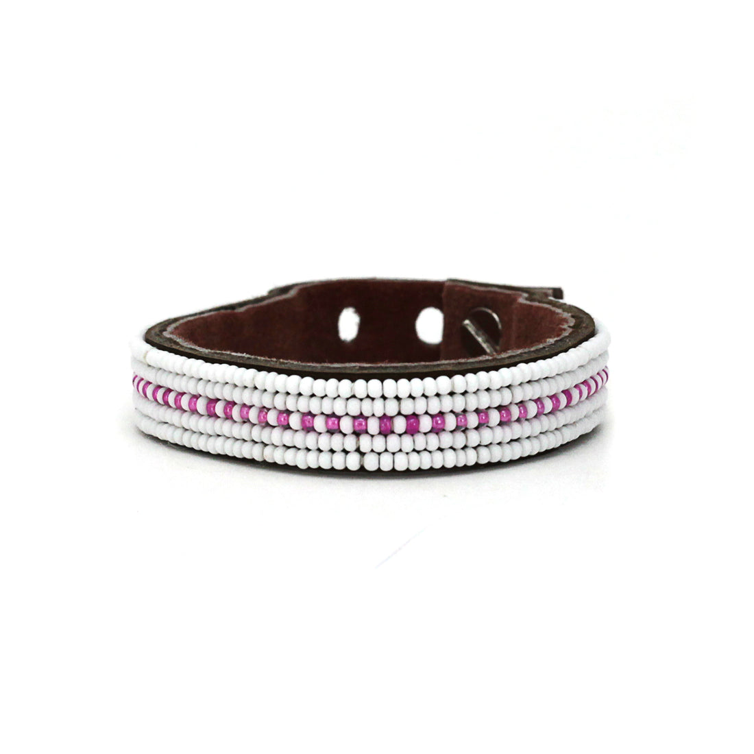 Dashes Pink and White Beaded Leather Cuff