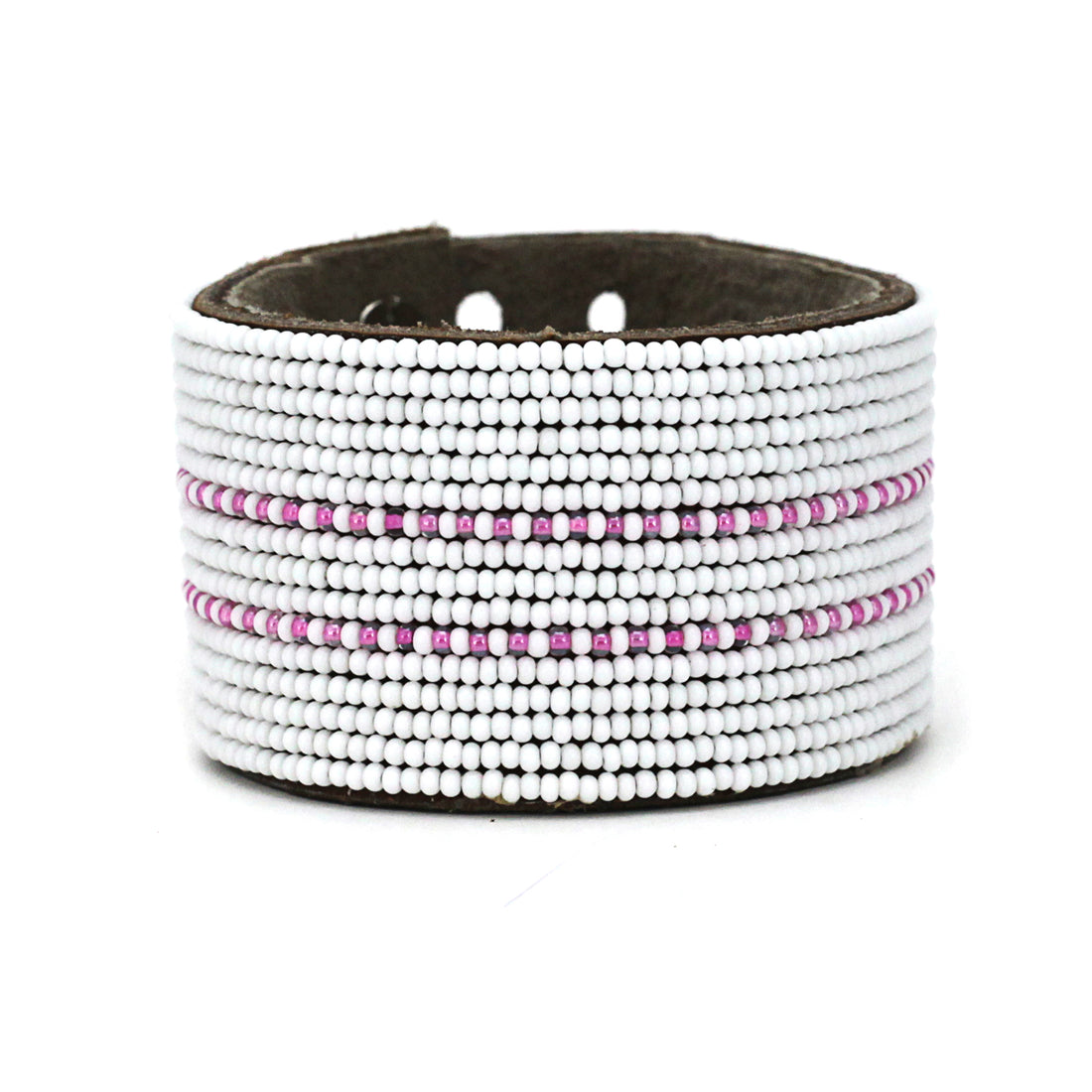 Dashes Pink and White Beaded Leather Cuff
