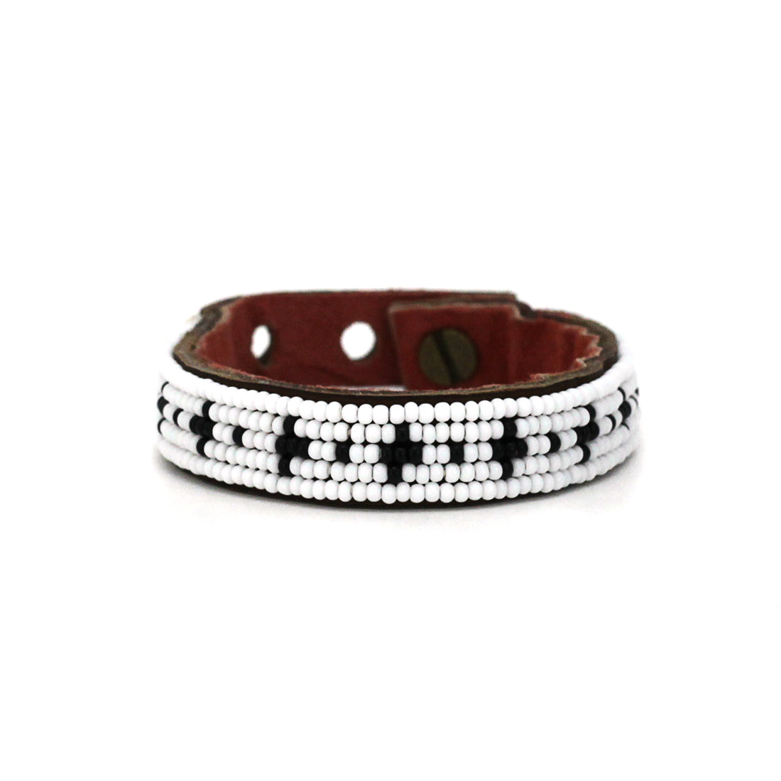 Stars Black and White Beaded Leather Cuff