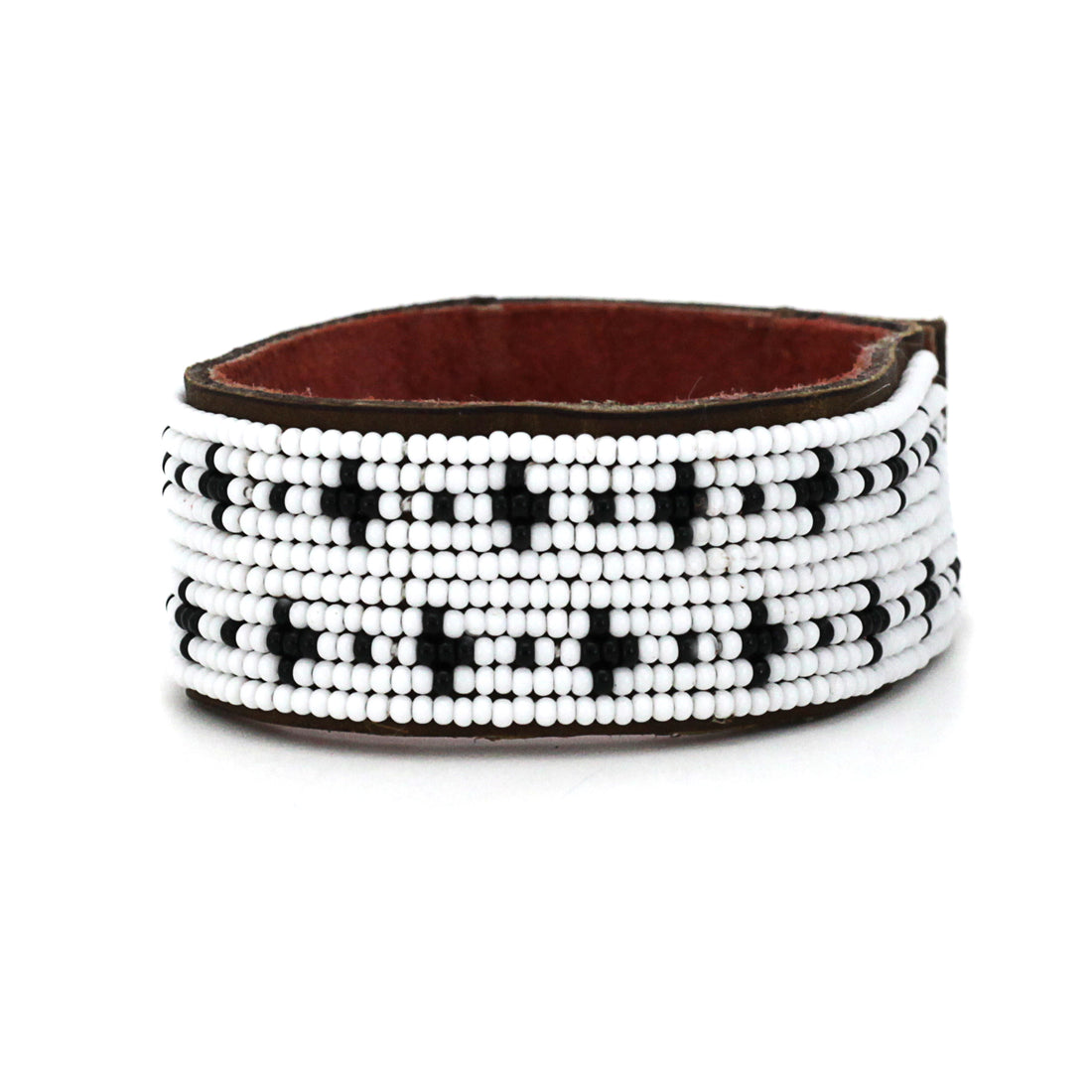 Stars Black and White Beaded Leather Cuff