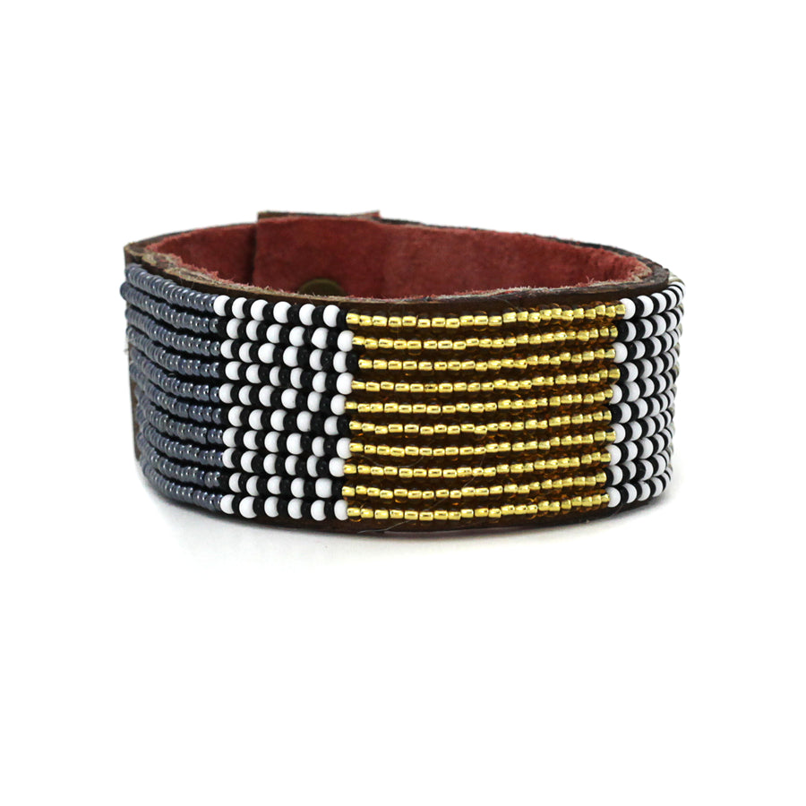 Atlas Metallic Beaded Leather Cuff - Standard Width