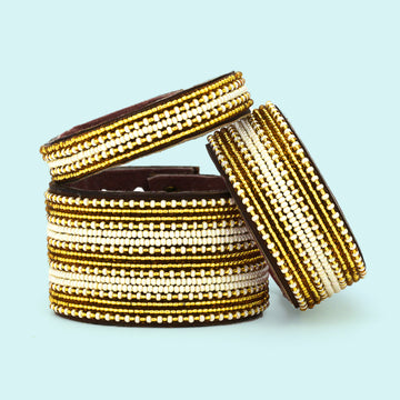Stripes Gold and Pearl Beaded Leather Cuff