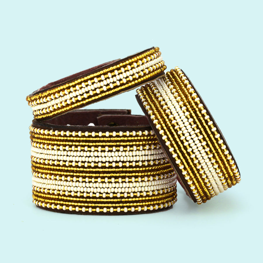 Stripes Gold and Pearl Beaded Leather Cuff