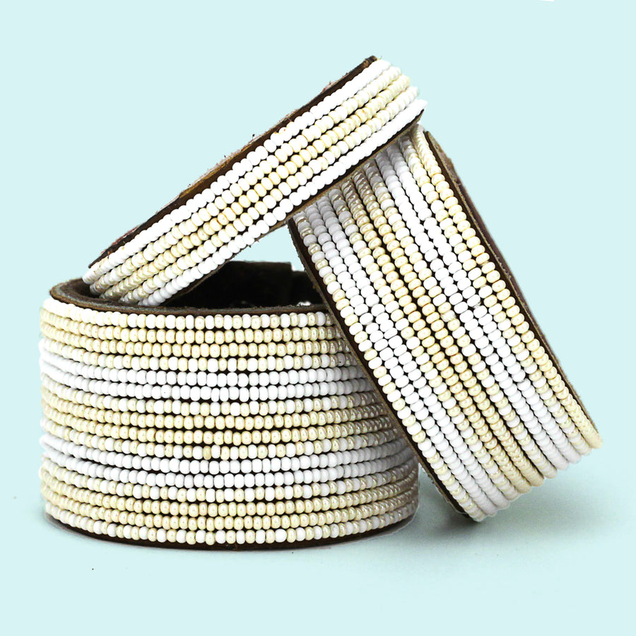 Stripes Pearl and White Beaded Leather Cuff