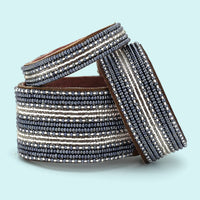 Stripes Silver and Slate Beaded Leather Cuff