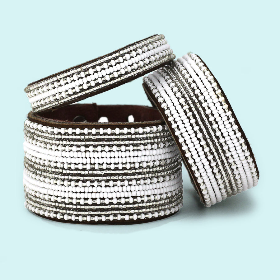 Stripes Silver and White Beaded Leather Cuff