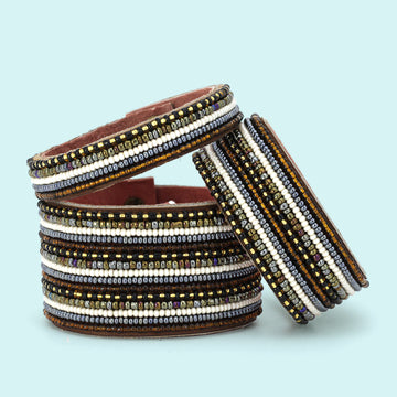 Stripes Neutral Beaded Leather Cuff