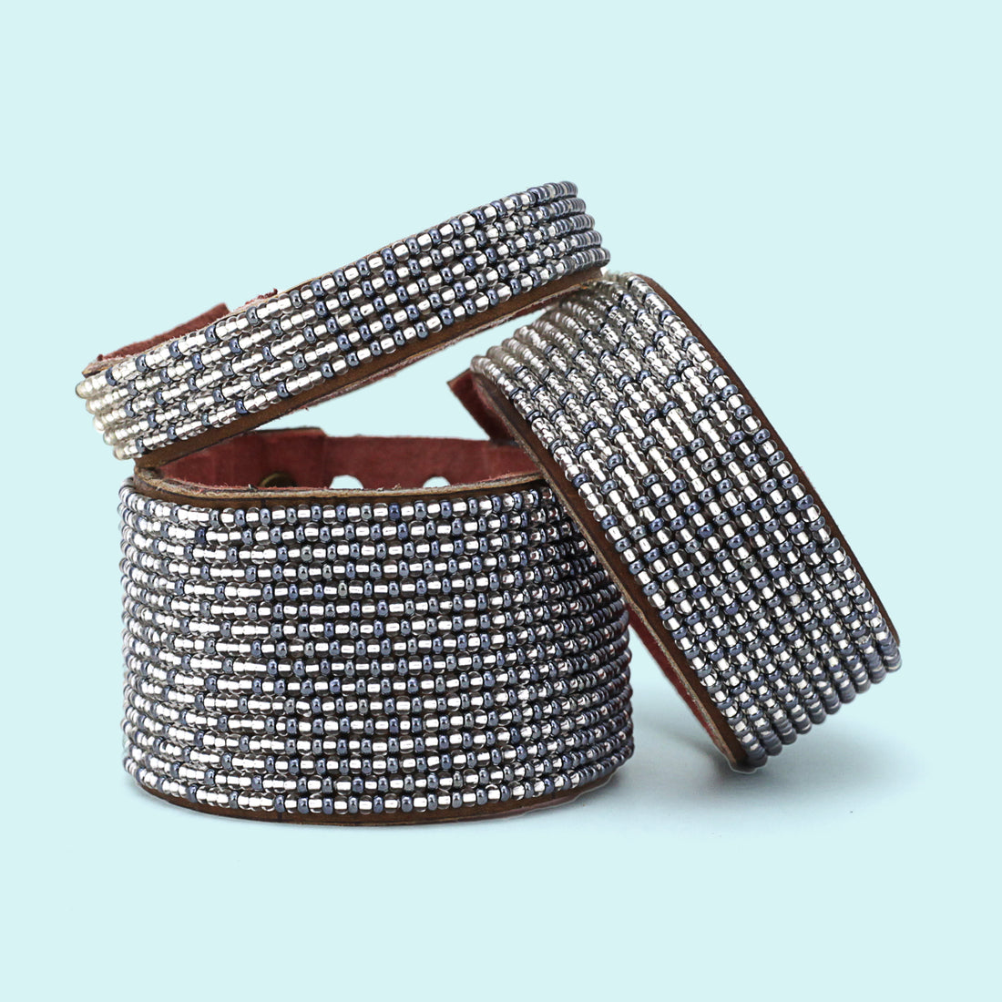 Ombre Slate and Silver Beaded Leather Cuff