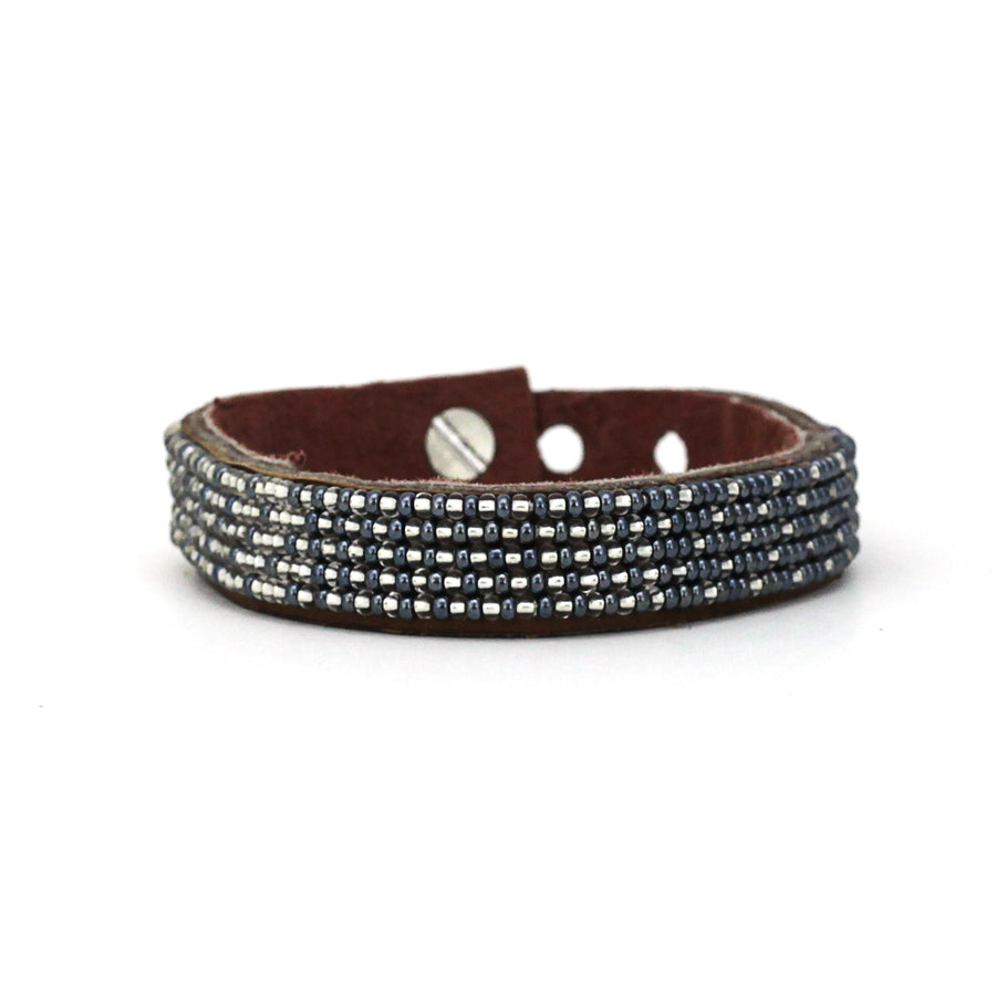 Ombre Slate and Silver Beaded Leather Cuff