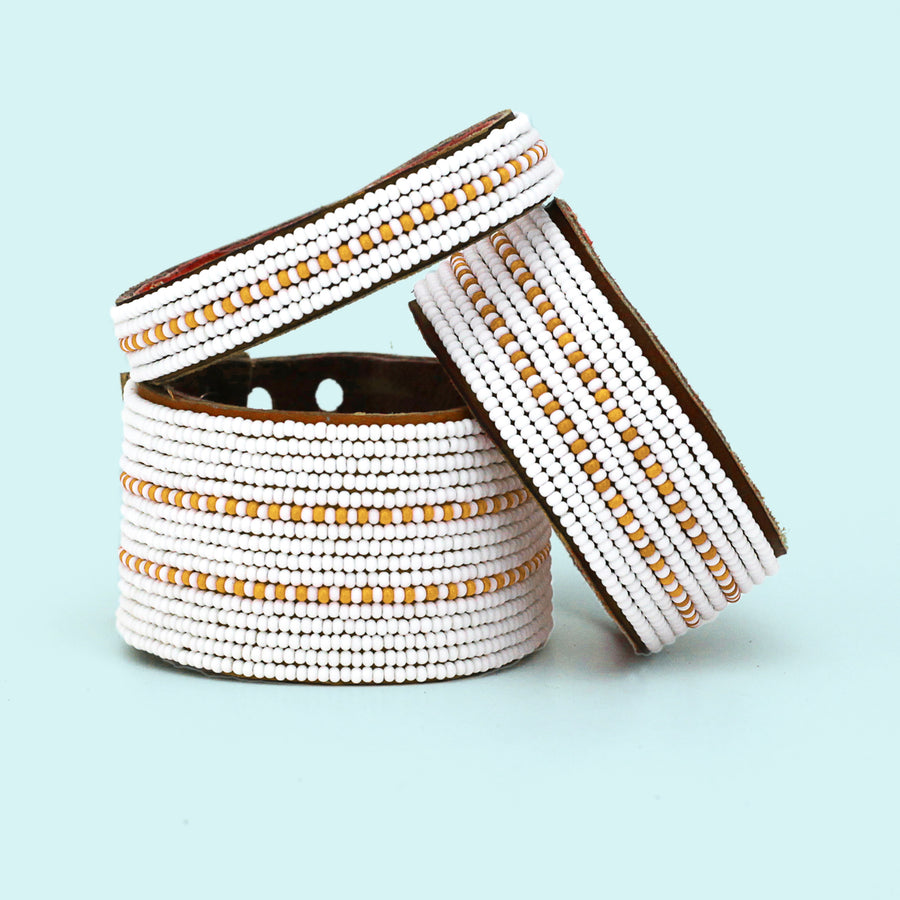 Dashes Orange Beaded Leather Cuff