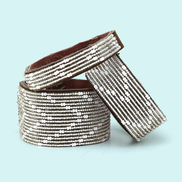 Chevron Silver Beaded Leather Cuff