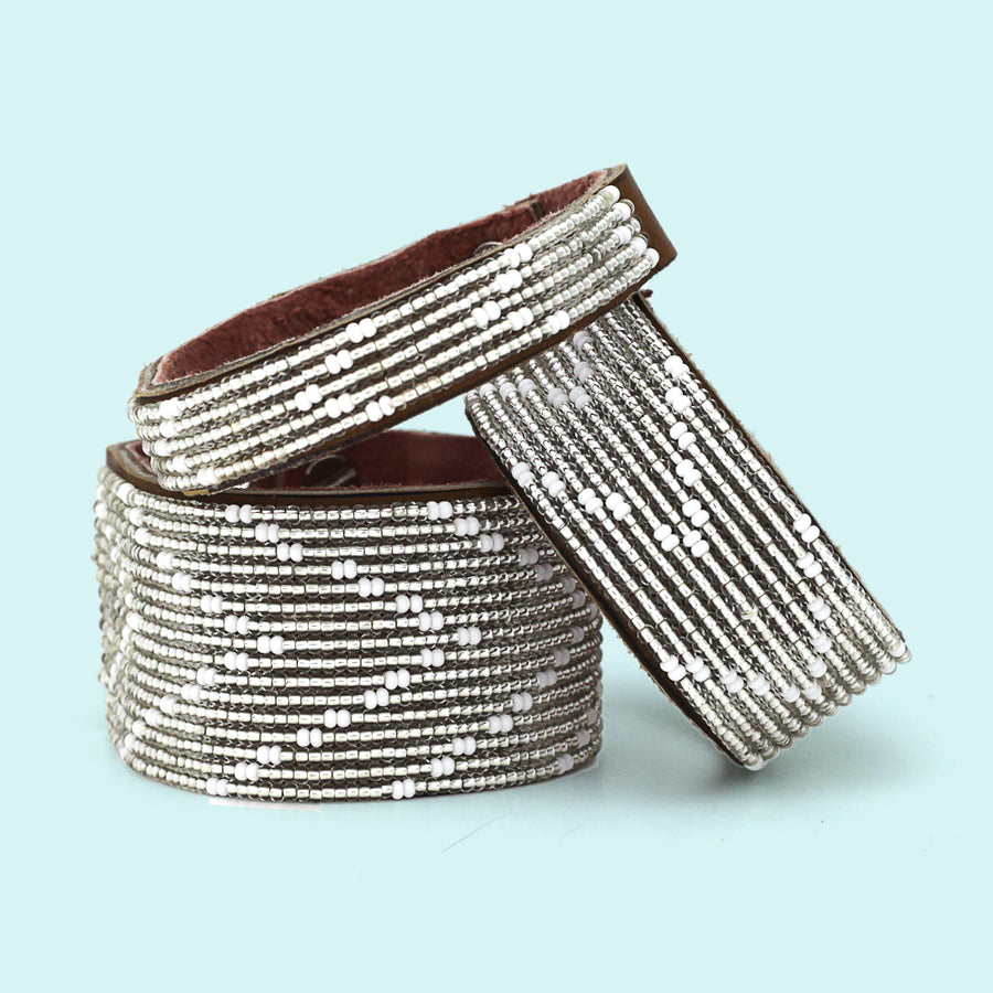 Chevron Silver Beaded Leather Cuff