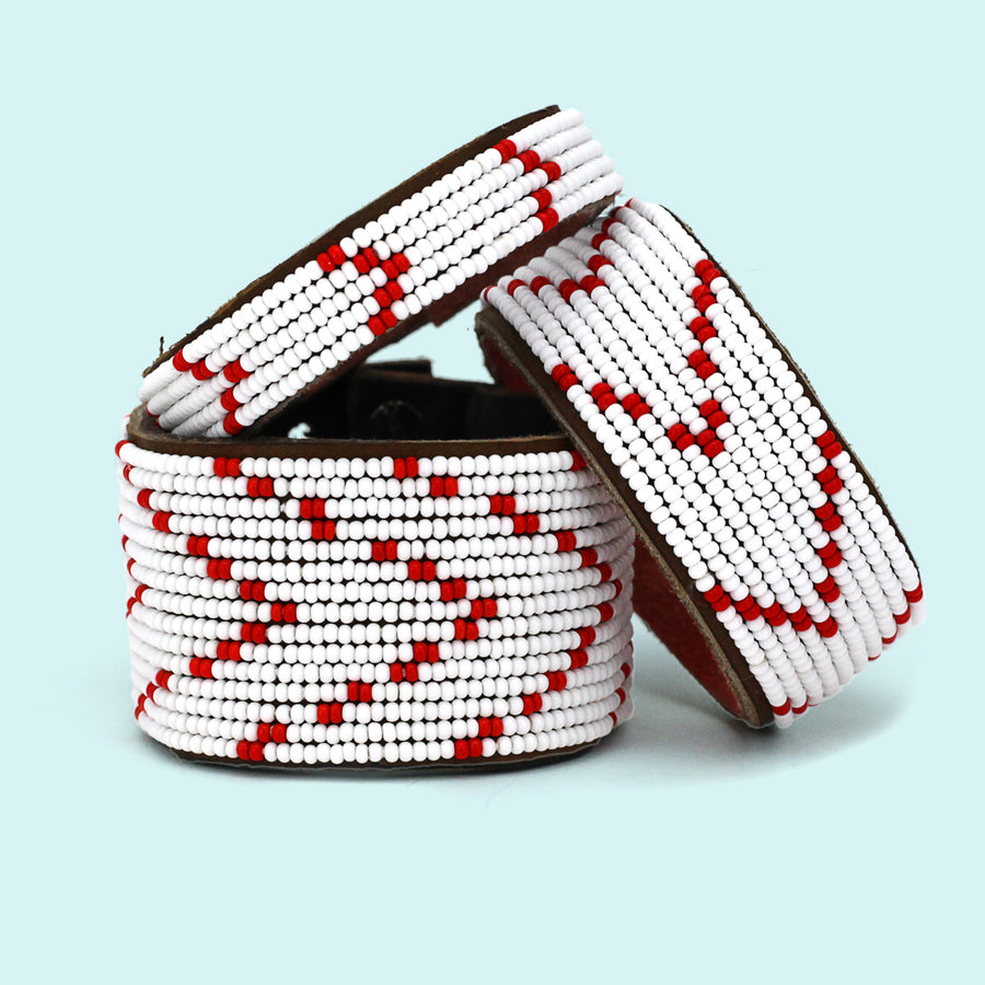 Chevron Red Beaded Leather Cuff