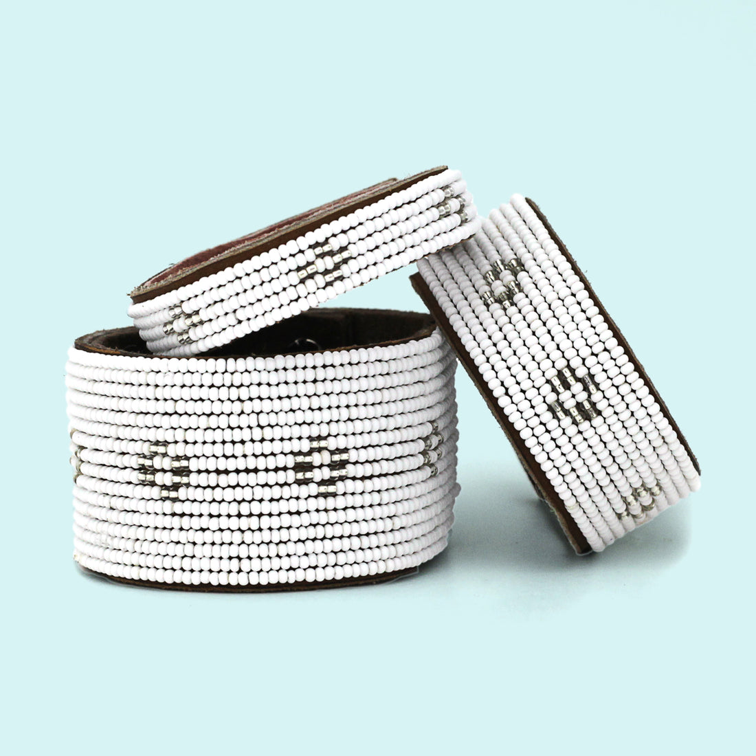 Diamond Silver Beaded Leather Cuff