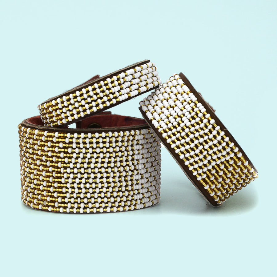 Ombre Gold and White Beaded Leather Cuff