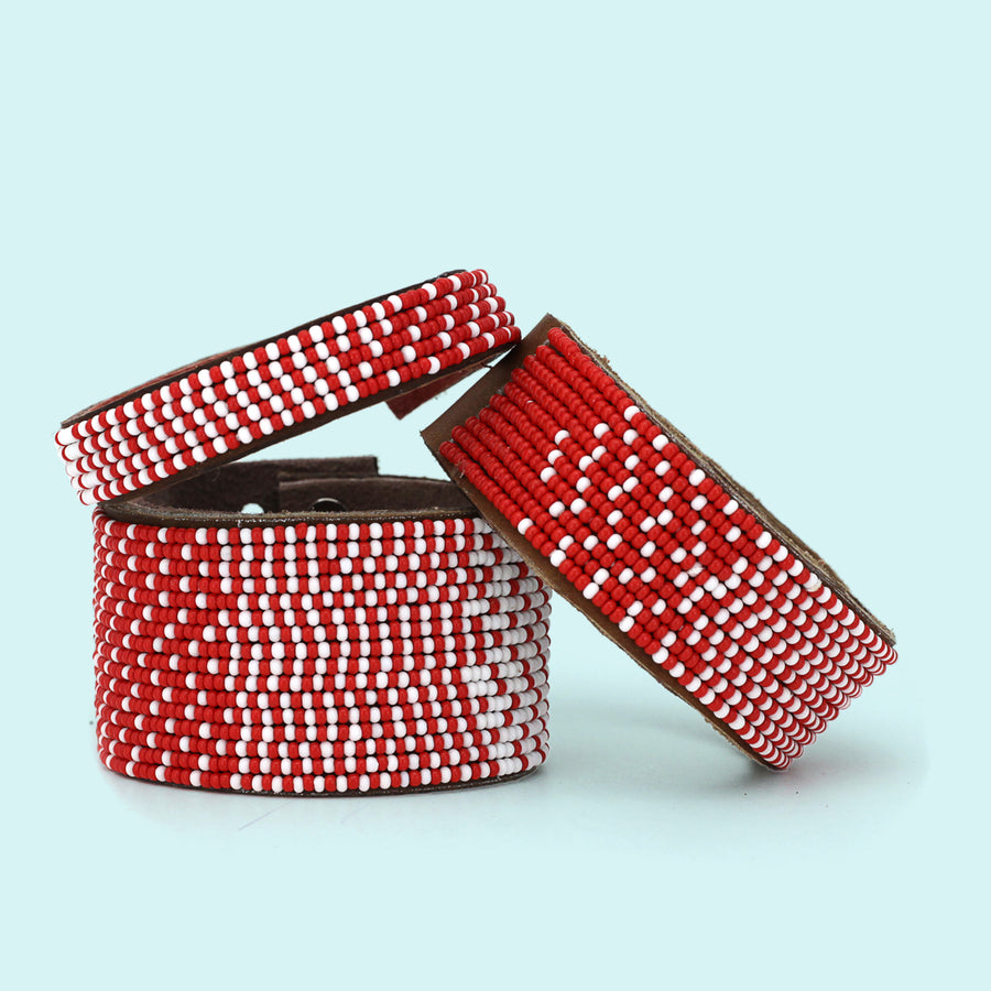 Ombre Red and White Beaded Leather Cuff