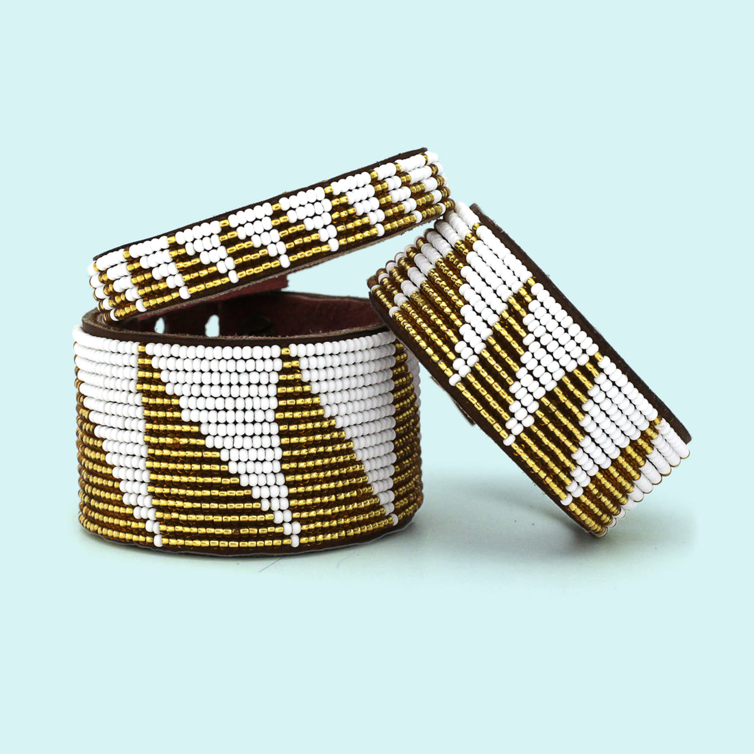 Tri Gold and White Beaded Leather Cuff
