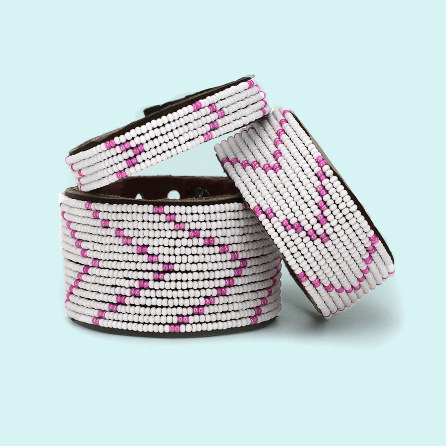 Chevron Pink and White Beaded Leather Cuff